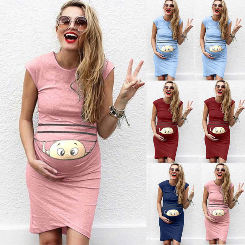 Maternity Dresses Round Neck Sleeveless Solid Color Printing Cute Pregnancy Maternity Clothing