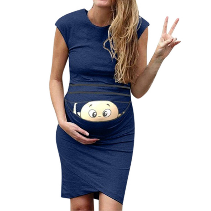 Maternity Dresses Round Neck Sleeveless Solid Color Printing Cute Pregnancy Maternity Clothing