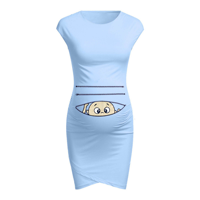 Maternity Dresses Round Neck Sleeveless Solid Color Printing Cute Pregnancy Maternity Clothing
