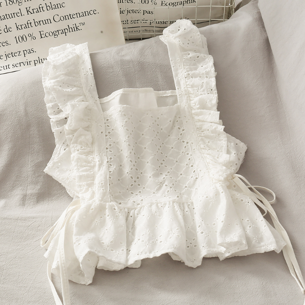 Ruffle Korean Cropped Tops Women Clothes White Hollow Irregular Tank Cloth Summer Tops
