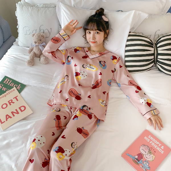 Silk-pajamas Autumn N-neck Long-sleeved Pyjamas Kawaii Sleepwear Ladies Home Sleepwear