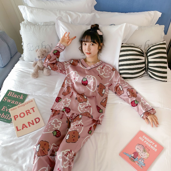 Silk-pajamas Autumn N-neck Long-sleeved Pyjamas Kawaii Sleepwear Ladies Home Sleepwear