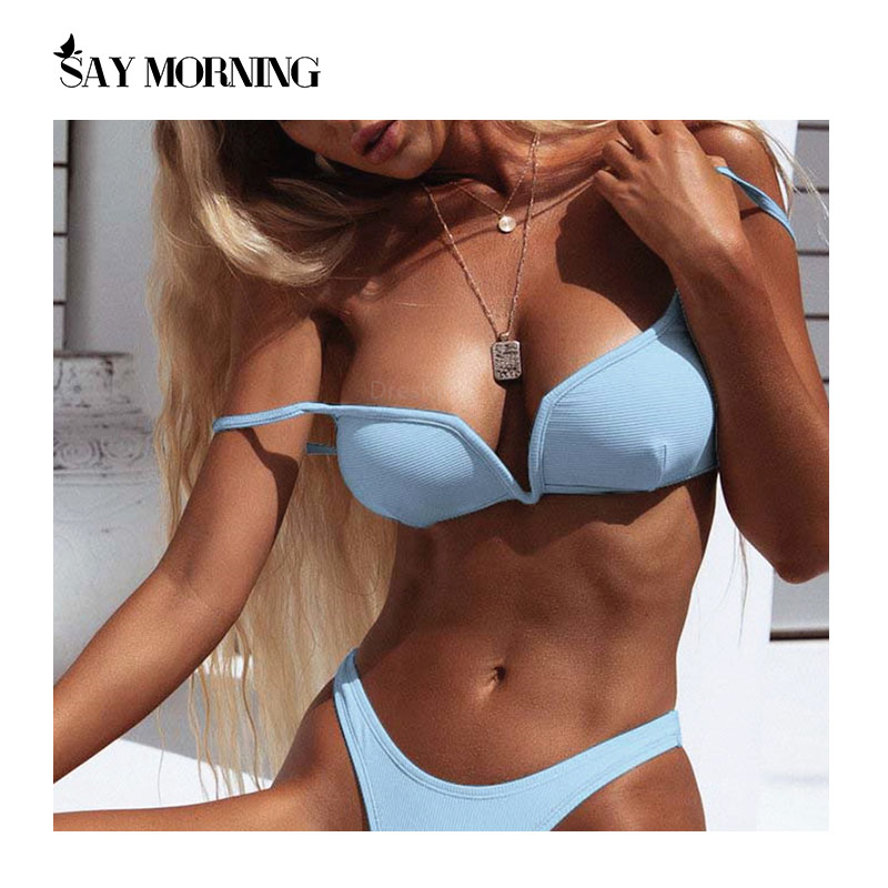 SAY MORNING 2021 Backless Solid Color V-Neck Push Up Swimsuit Sexy Bikini Lingerie