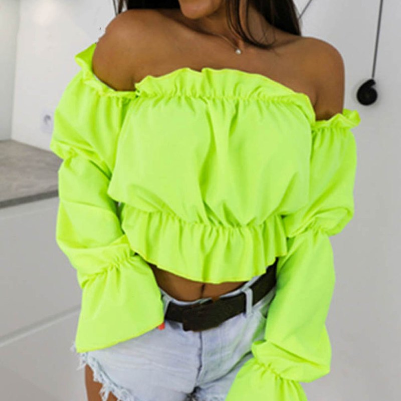 Candy Color Off Shoulder Crop Tops women Summer dot print lantern sleeve shirts Lady Sexy Tops