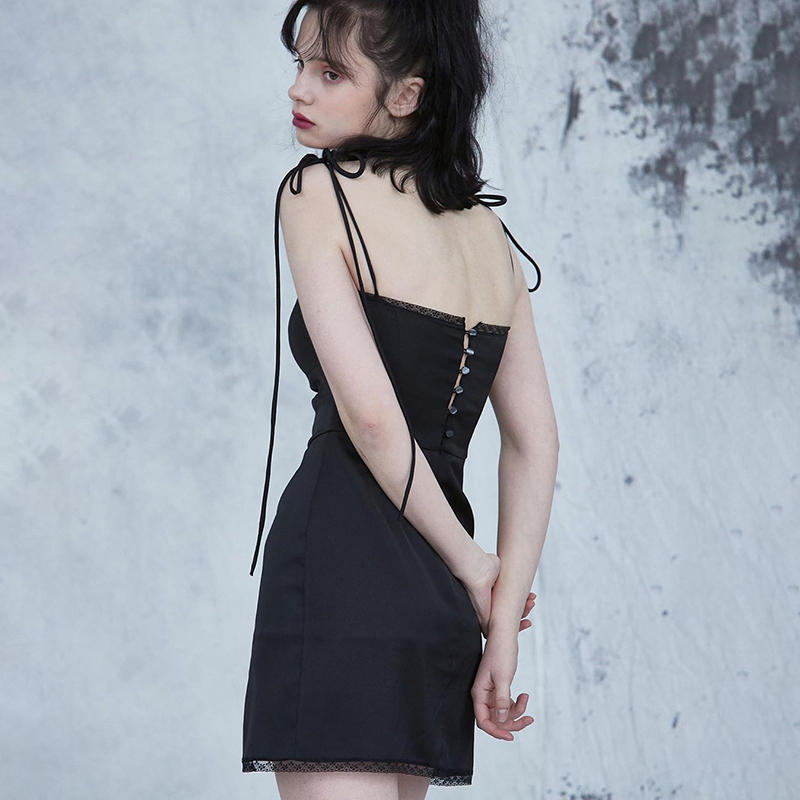 InsGoth Sexy Spaghetti Straps Bodycon Gothic Black Dress Women Streetwear Black Lace Skirts