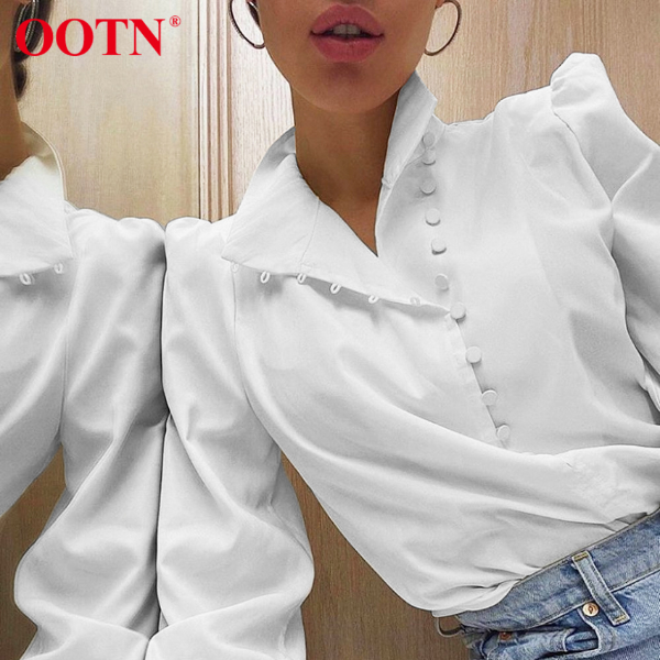 OOTN Elegant Turtleneck Blouse Long Sleeve White Shirt Office Ladies Top Casual Solid Single-Breasted Tops
