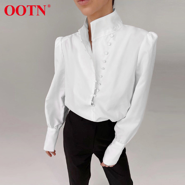 OOTN Elegant Turtleneck Blouse Long Sleeve White Shirt Office Ladies Top Casual Solid Single-Breasted Tops