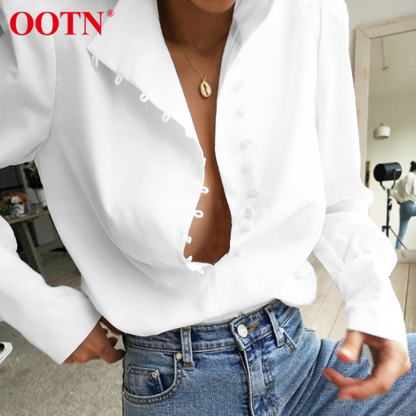 OOTN Elegant Turtleneck Blouse Long Sleeve White Shirt Office Ladies Top Casual Solid Single-Breasted Tops