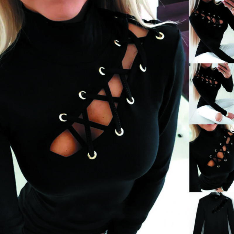 Women Sexy Hollow Out Slim Fit Long Sleeve Slim Fashion Evening Party Club Wear Casual Tops