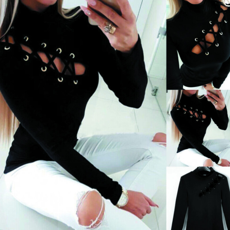Women Sexy Hollow Out Slim Fit Long Sleeve Slim Fashion Evening Party Club Wear Casual Tops