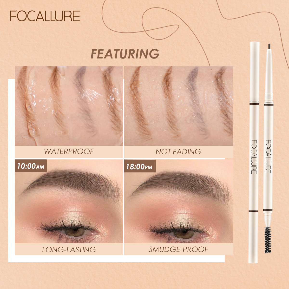 FOCALLURE Artist Sketch Eyebrow Pencil Waterproof Natural Long Lasting Tint 4 Color Brows Eye Makeup