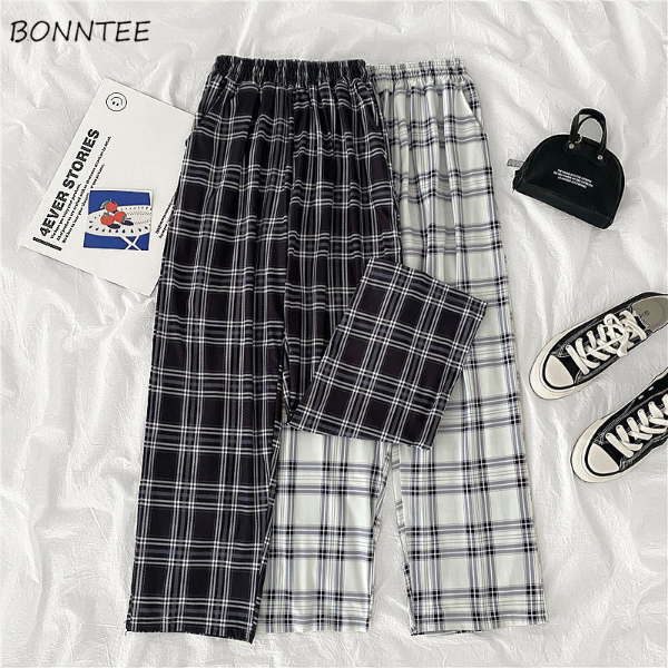 Casual Pants Women Pockets Causal High-waist Wide-leg Spring Plaid Loose Pleated Streetwear All-match Trousers & Leggings