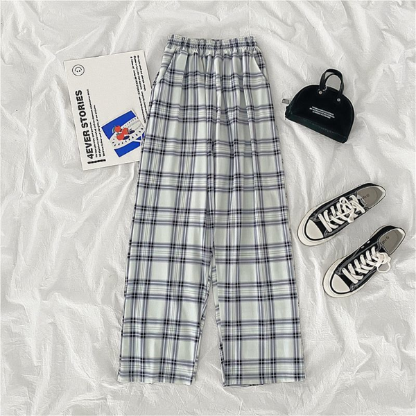 Casual Pants Women Pockets Causal High-waist Wide-leg Spring Plaid Loose Pleated Streetwear All-match Trousers & Leggings