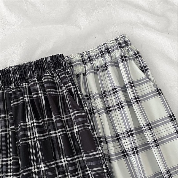 Casual Pants Women Pockets Causal High-waist Wide-leg Spring Plaid Loose Pleated Streetwear All-match Trousers & Leggings