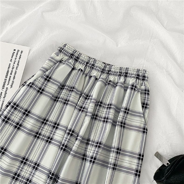 Casual Pants Women Pockets Causal High-waist Wide-leg Spring Plaid Loose Pleated Streetwear All-match Trousers & Leggings