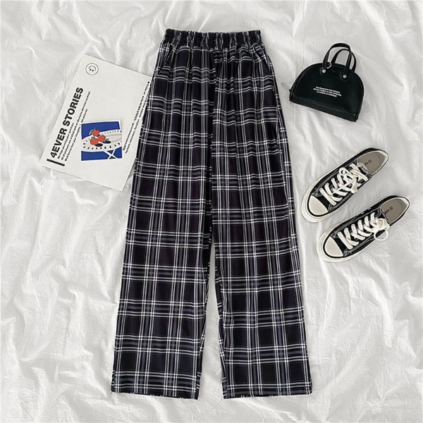 Casual Pants Women Pockets Causal High-waist Wide-leg Spring Plaid Loose Pleated Streetwear All-match Trousers & Leggings