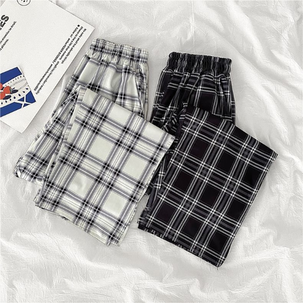 Casual Pants Women Pockets Causal High-waist Wide-leg Spring Plaid Loose Pleated Streetwear All-match Trousers & Leggings