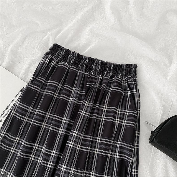 Casual Pants Women Pockets Causal High-waist Wide-leg Spring Plaid Loose Pleated Streetwear All-match Trousers & Leggings