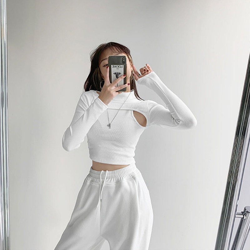 Hollow Knitted Crop Tops Women New Fitness Fake Two-piece T-shirt Female Tops