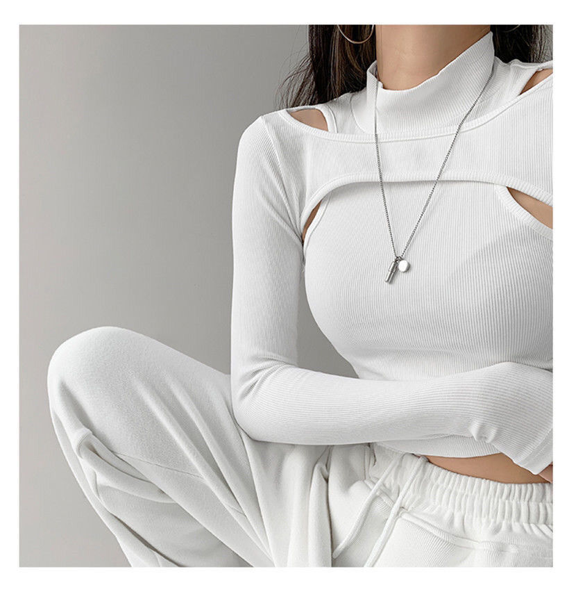 Hollow Knitted Crop Tops Women New Fitness Fake Two-piece T-shirt Female Tops