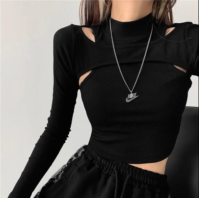 Hollow Knitted Crop Tops Women New Fitness Fake Two-piece T-shirt Female Tops