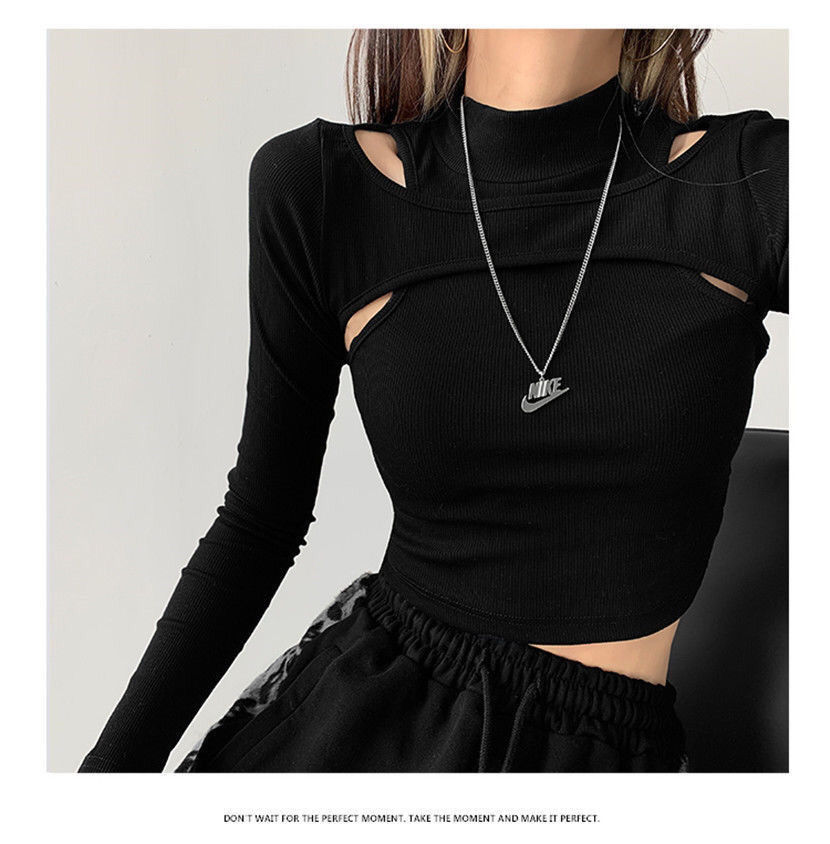 Hollow Knitted Crop Tops Women New Fitness Fake Two-piece T-shirt Female Tops