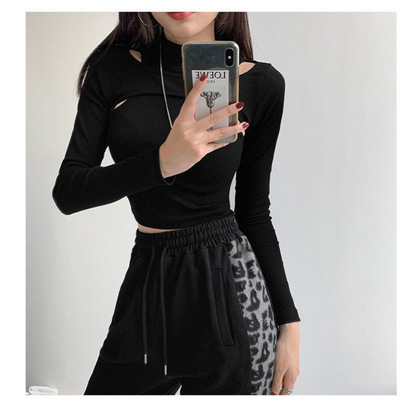 Hollow Knitted Crop Tops Women New Fitness Fake Two-piece T-shirt Female Tops