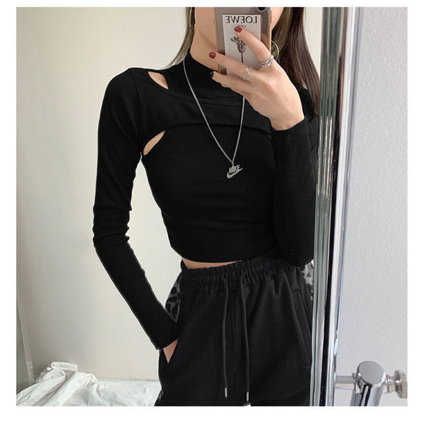Hollow Knitted Crop Tops Women New Fitness Fake Two-piece T-shirt Female Tops