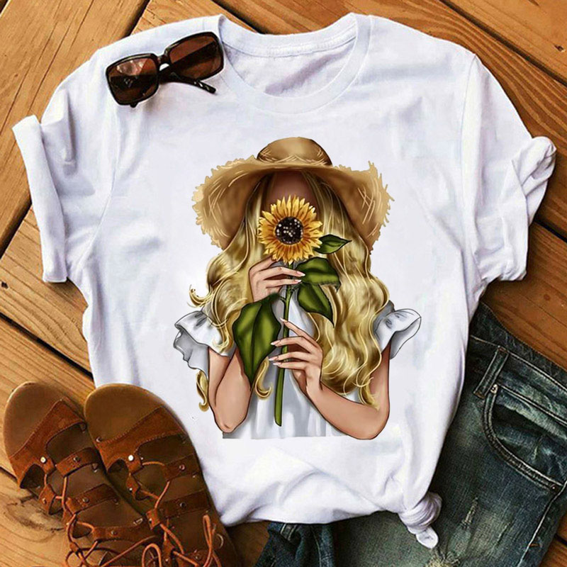 Fashion Women T Shirt Sunflower Girl Printed T Shirt Casual Black Tops 90s Ladies Girl Tee Shirt Female  Tops