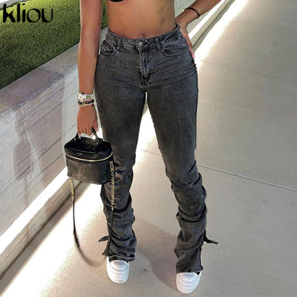 Kliou Cotton Pleated Women Jeans Side Split Hipster High Waist Slim Long Trousers Skinny Pockets Trousers & Leggings