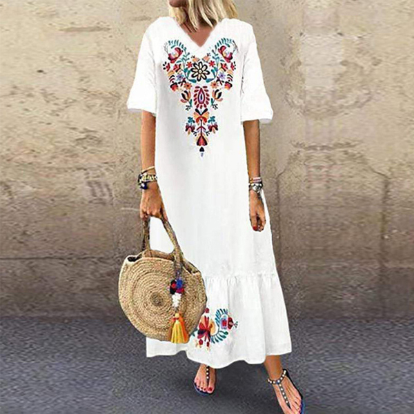 Summer Women Long Dress Vintage V Neck Short Sleeve Floral Print Large Hem Long Loose Dress Wife Gift Dresses