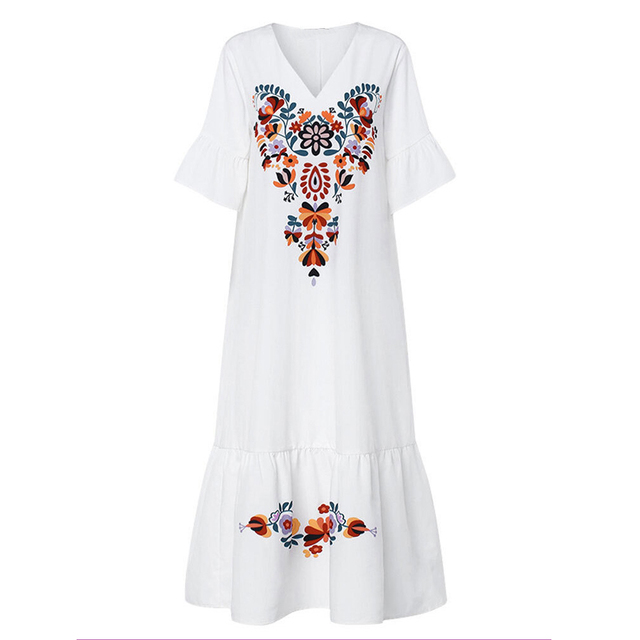 Summer Women Long Dress Vintage V Neck Short Sleeve Floral Print Large Hem Long Loose Dress Wife Gift Dresses