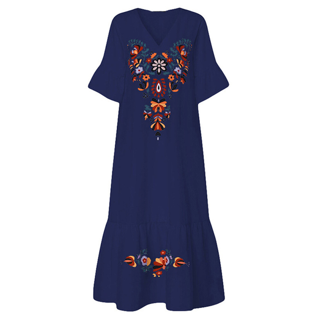 Summer Women Long Dress Vintage V Neck Short Sleeve Floral Print Large Hem Long Loose Dress Wife Gift Dresses