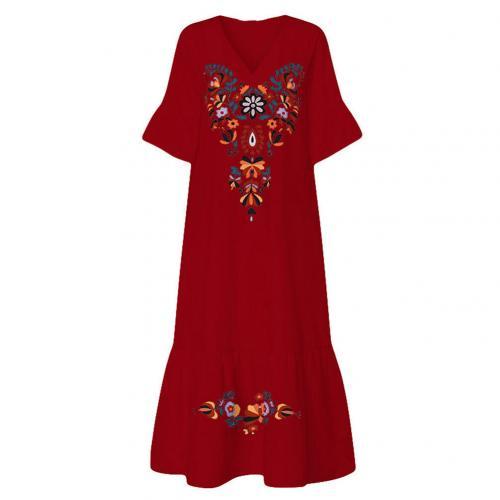 Summer Women Long Dress Vintage V Neck Short Sleeve Floral Print Large Hem Long Loose Dress Wife Gift Dresses
