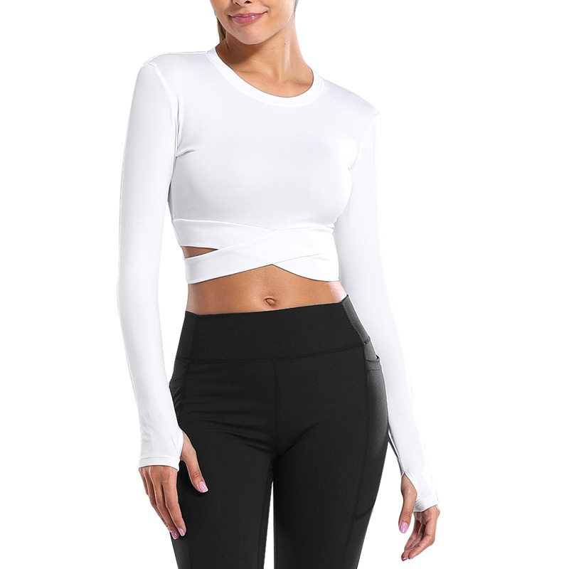 Crop Tops Women Long Sleeve Running Shirts Sexy Exposed Navel Yoga T-shirts Solid Tops