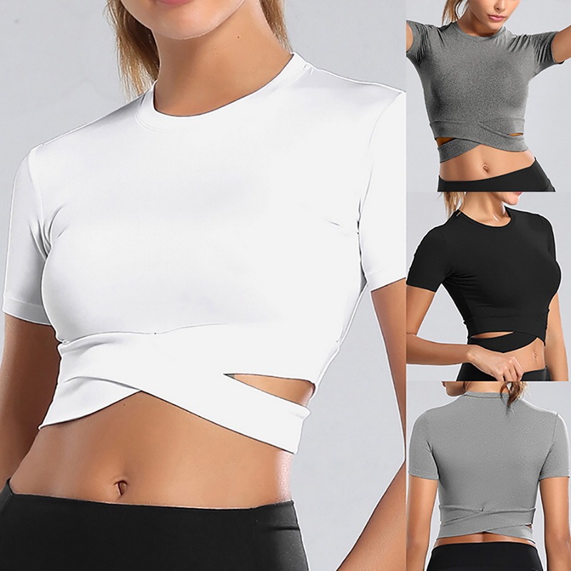 Crop Tops Women Long Sleeve Running Shirts Sexy Exposed Navel Yoga T-shirts Solid Tops