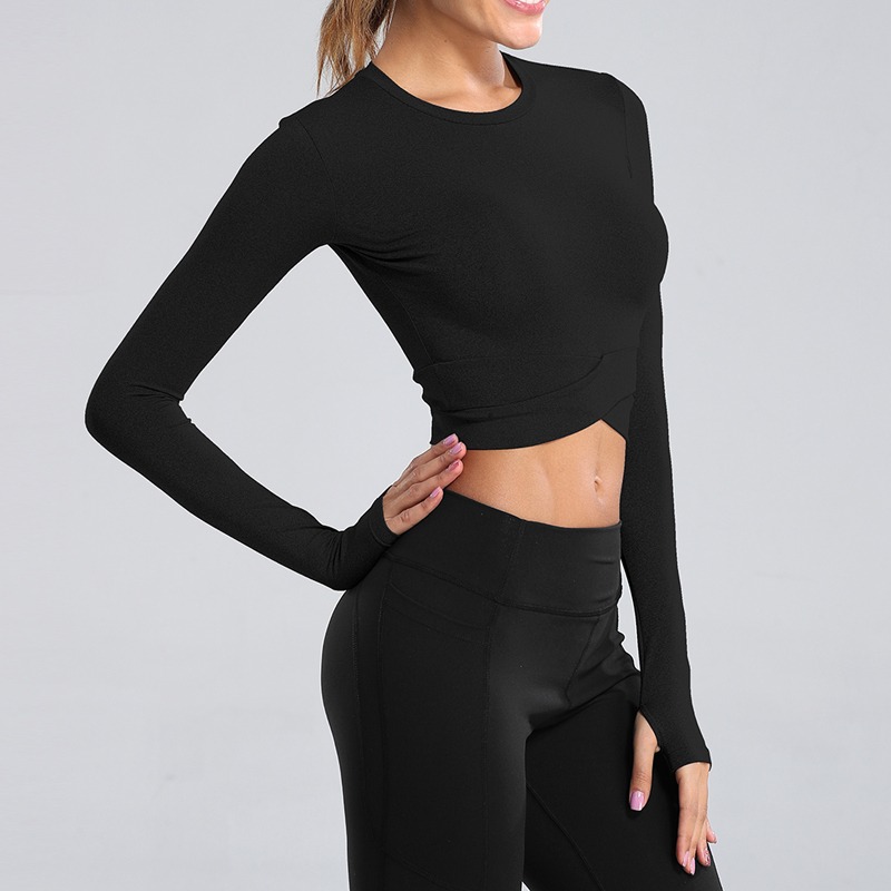 Crop Tops Women Long Sleeve Running Shirts Sexy Exposed Navel Yoga T-shirts Solid Tops