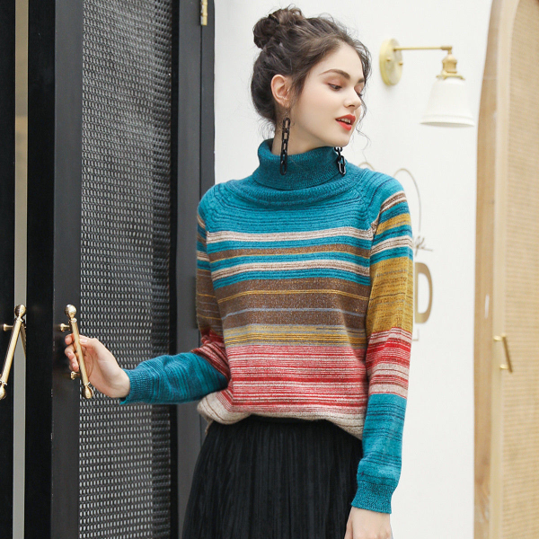 High neck sweater women's loose Pullover autumn and winter new fashion top striped sweater lazy foreign style bottomed shirt Tops