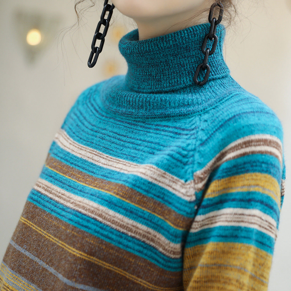 High neck sweater women's loose Pullover autumn and winter new fashion top striped sweater lazy foreign style bottomed shirt Tops