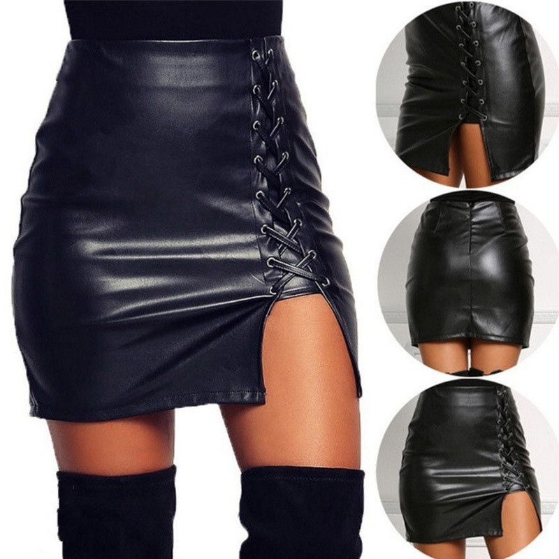 Autumn Ladies Above Knee Black PU Leather Mini Skirts Winter Women High Waist Skirts
