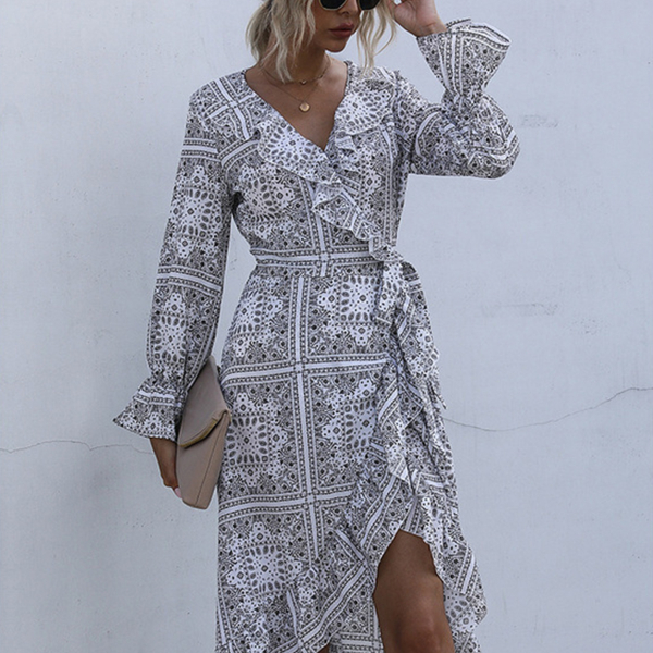 Circyy Dress V-neck Long Flare Sleeve Irregular Ruffles Woman Dresses Boho Clothe Summer Black White Skirts