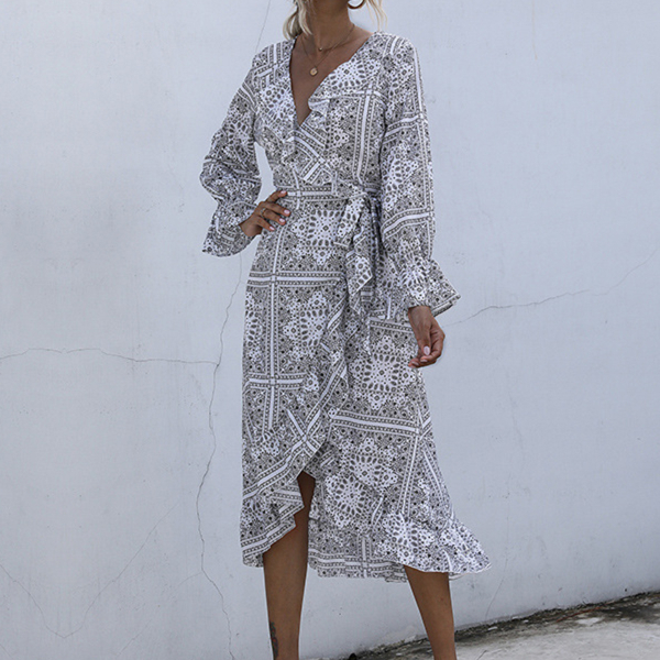 Circyy Dress V-neck Long Flare Sleeve Irregular Ruffles Woman Dresses Boho Clothe Summer Black White Skirts