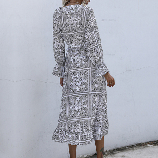 Circyy Dress V-neck Long Flare Sleeve Irregular Ruffles Woman Dresses Boho Clothe Summer Black White Skirts