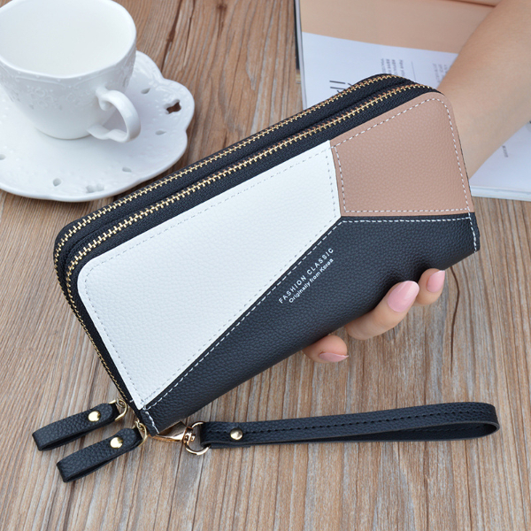 Double Zipper Women Wallet PU Leather Red/blue/pink/black Card Holder Long Female Wallet Color Matching Wallets