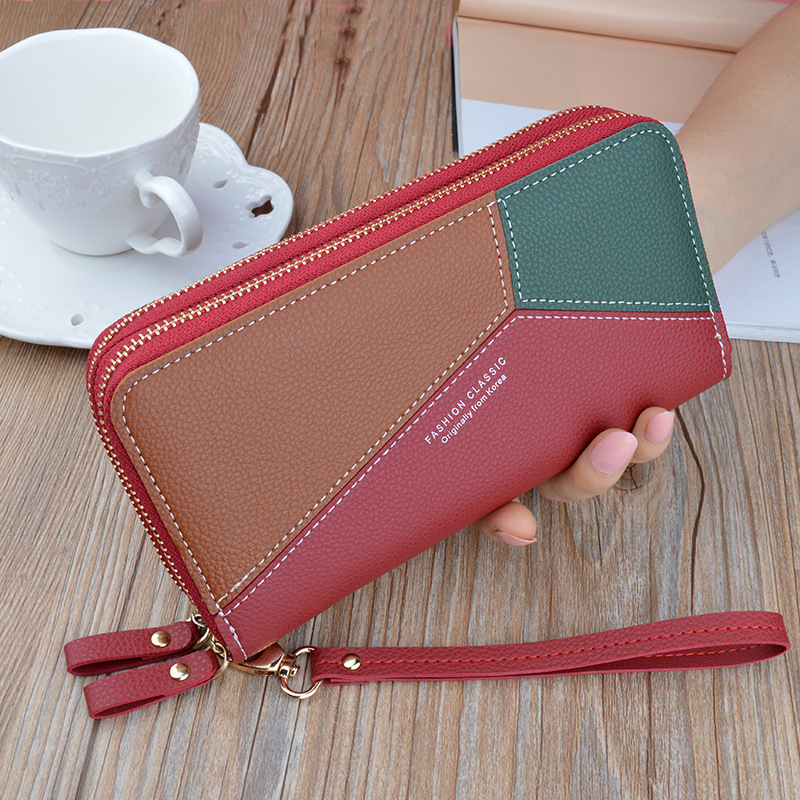 Double Zipper Women Wallet PU Leather Red/blue/pink/black Card Holder Long Female Wallet Color Matching Wallets