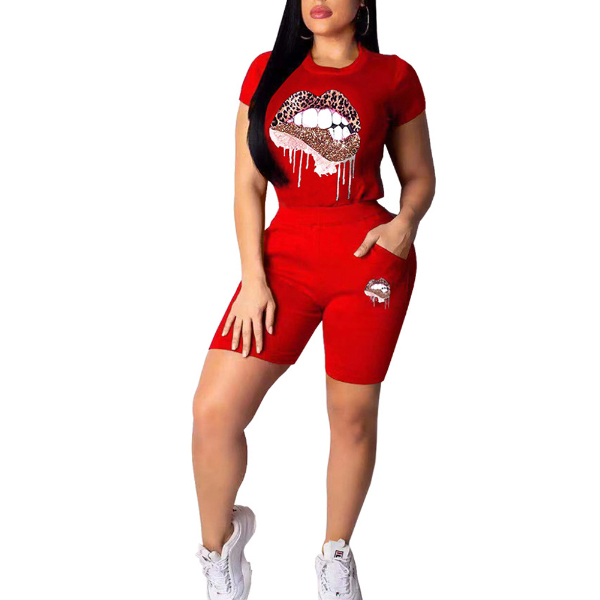 Women Short Sleeve Lips Printed T-shirt Top Elastic Waist Shorts Two Pieces Casual Style Outfit  Suits & Separates