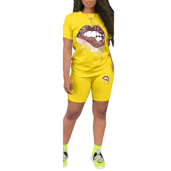 Women Short Sleeve Lips Printed T-shirt Top Elastic Waist Shorts Two Pieces Casual Style Outfit  Suits & Separates
