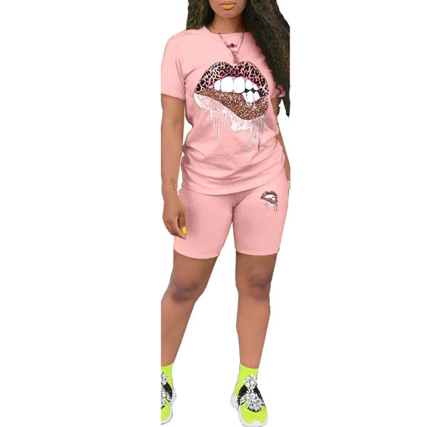 Women Short Sleeve Lips Printed T-shirt Top Elastic Waist Shorts Two Pieces Casual Style Outfit  Suits & Separates