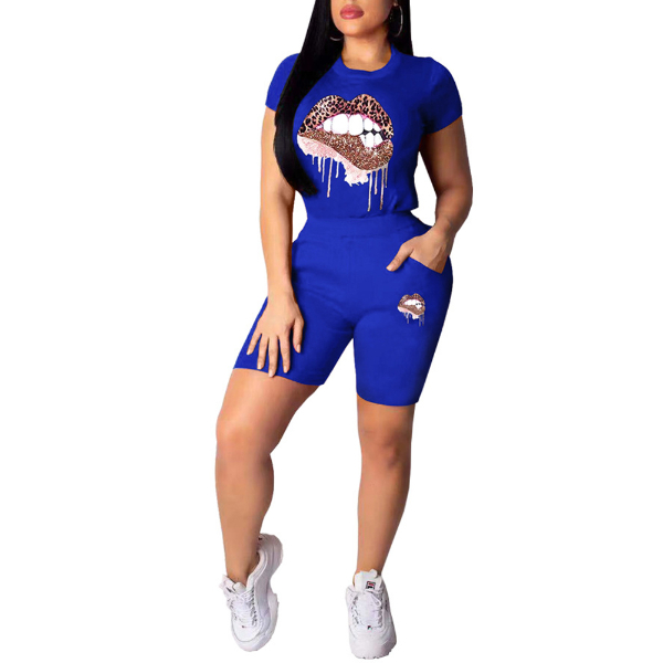 Women Short Sleeve Lips Printed T-shirt Top Elastic Waist Shorts Two Pieces Casual Style Outfit  Suits & Separates