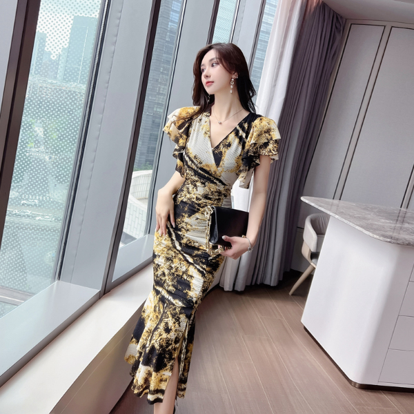 Elegant V-neck Women's Summer Dress 2022 Slim Fishtail Womens Clothing Sexy Outfits for Woman  Skirts